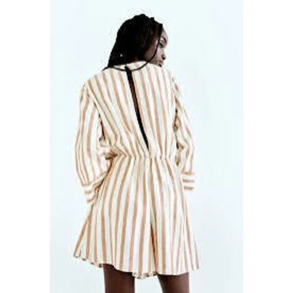Zara Women Tan White Striped Linen Romper XS Minimalist Nautical Casual Beach